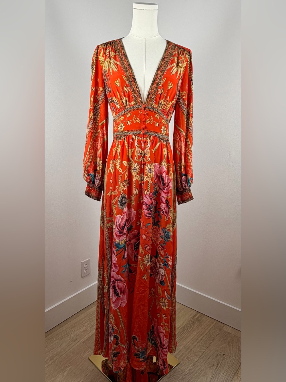 Camilla Orange Red Silk Floral Deep-V Maxi Dress